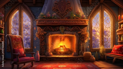 Cozy traditional Russian cabin interior with a warmly lit fireplace and intricate wooden designs photo