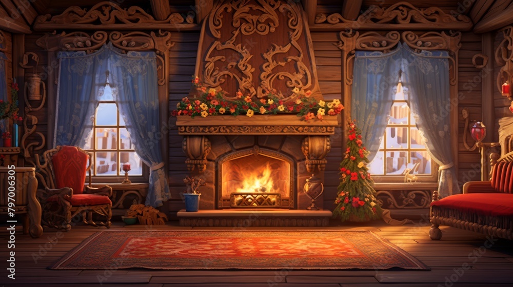 Cozy traditional Russian cabin interior with a warmly lit fireplace and intricate wooden designs