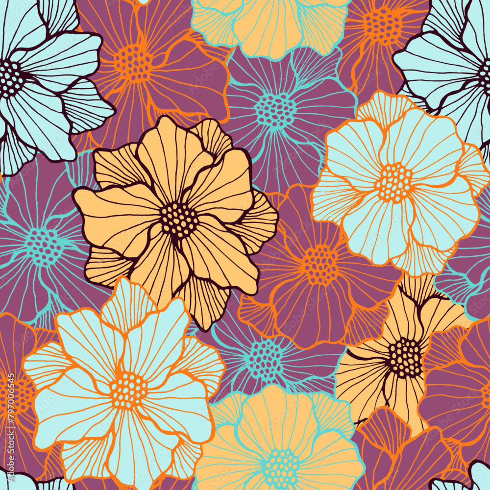 Ornate anemone bloom periodic pattern. Hand drawn floral composition. Anemone