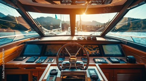 Cockpit view of a luxury yacht in sea water. photo