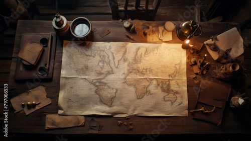 Vintage map on a wooden table surrounded by navigational tools and candles photo