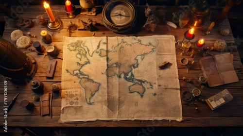 Vintage map on a wooden table surrounded by navigational tools and candles photo
