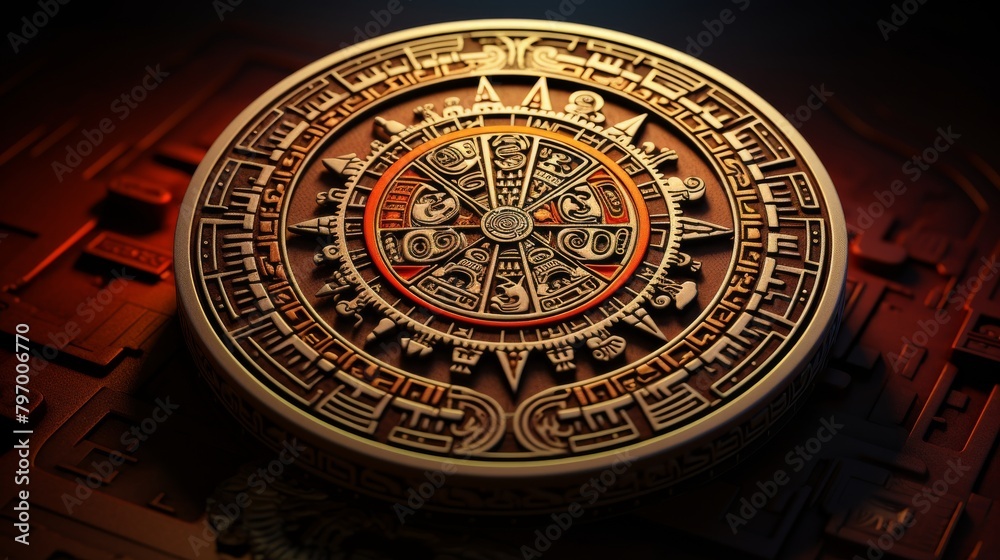 Intricate Aztec calendar design with vibrant fiery colors on black background