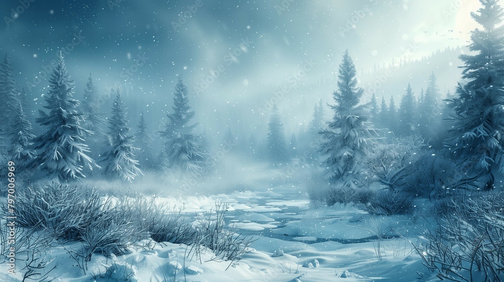 Tranquil Morning in the Snow-covered Woods, generative ai Tranquil Morning in the Snow-covered Woods, generative ai