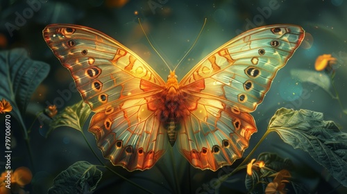 Radiant orange butterfly perched delicately on lush green leaves, illuminated by soft, golden sunlight
