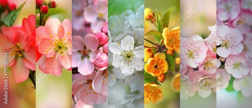 Collage of vibrant spring blossoms in pink and white hues, showcasing the beauty of seasonal cherry and plum flowers. photo