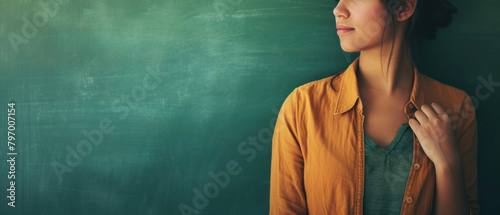 Female teacher writing on blackboard in an empty classroom, concept for education and school.
