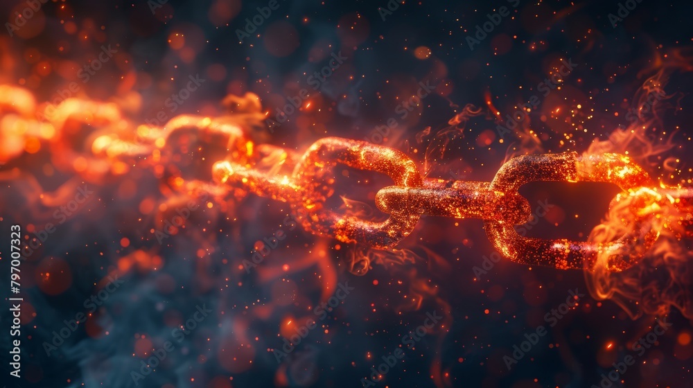 Glowing fiery chain shattering into fragments against a dark, smoky background