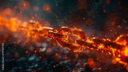 Glowing fiery chain shattering into fragments against a dark  smoky background