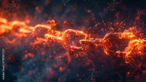 Glowing fiery chain shattering into fragments against a dark, smoky background