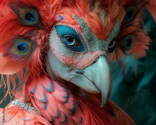 portrait of a fantasy character, pink peacock bird and human hybrid mask. 