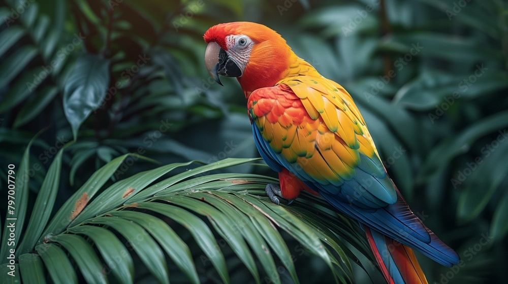 Vivid Jungle Scene with Colorful Parrot on Green Fern, generative ai