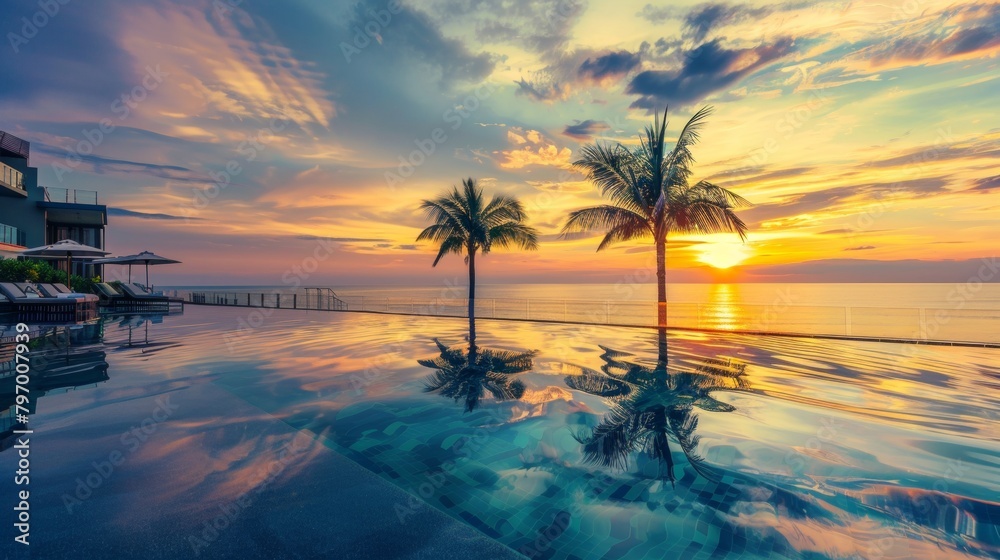 Swimming pool of a large mansion at sunset. Swimming pool of a large mansion at sunset.