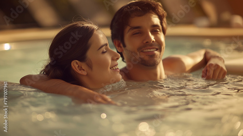 A couple enjoying a relaxing day at the spa, smiles of contentment on their faces. Happiness, love, health, freedom