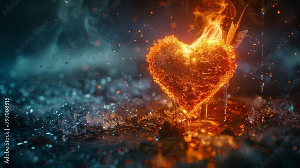 Fiery heart pierced by an arrow in a dramatic, rain-soaked scenario
