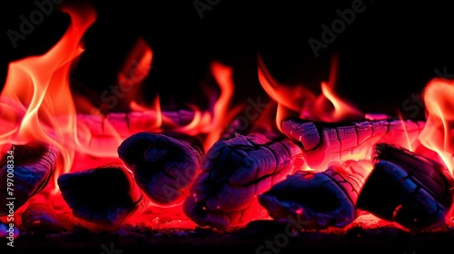 Charcoal briquettes ablaze in a grill, vibrant flames, and barbecue concept. photo