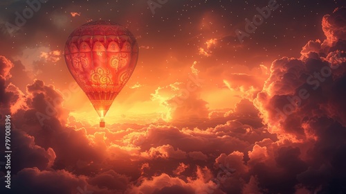 Fiery sunset skies with an ornate hot air balloon floating amidst lofty clouds