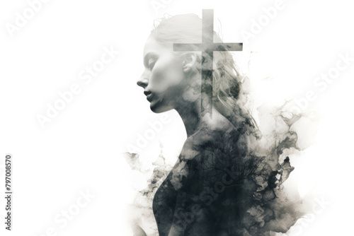 Woman Potrait with Christian Cross Monochrome Double Exposure