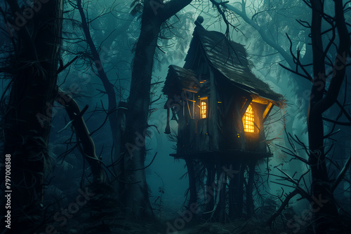Creepy Witch Hut in Dark Forest at Night