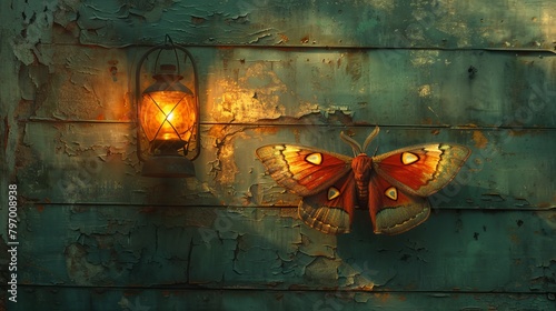 A majestic moth mesmerized by the warm glow of an antique lantern on a rustic wooden wall