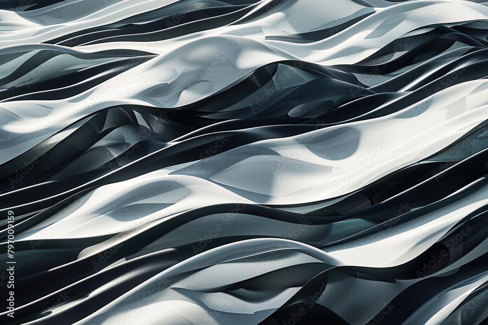 An aerial view of a sleek wave banner background with sharp, angular waves in a monochromatic palette of black, grey, and white, casting shadows in the morning sunlight.