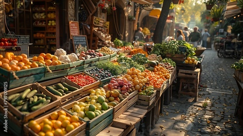 Eco-Friendly Bounty: Fresh Produce at a Sunny Market, generative ai