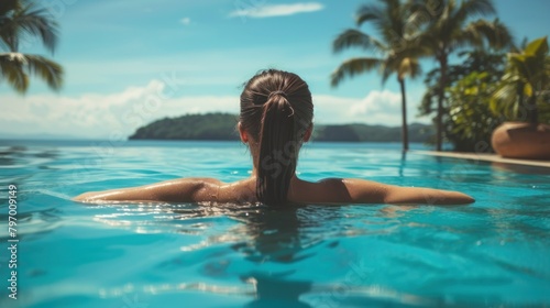 Woman relaxing in infinity pool with tropical ocean view, palm trees in the background. © Miodrag