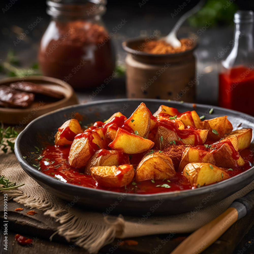 A plate of potatoes with a bottle of 8 Stavria sauce on the table. The sauce is red and has a spicy flavor