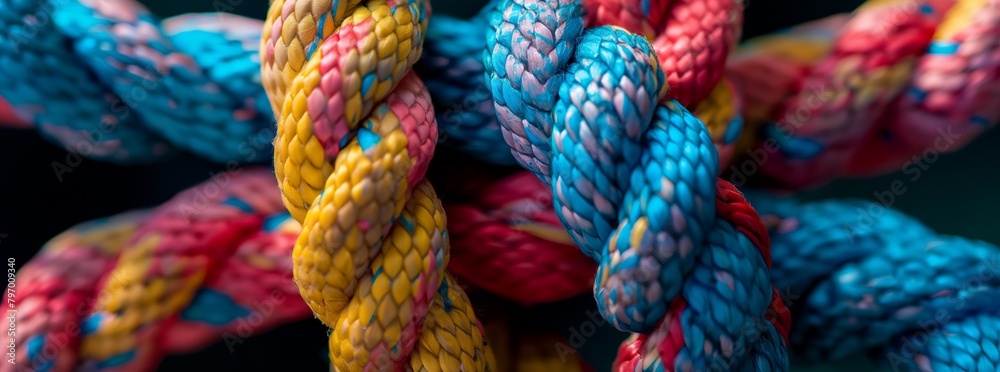 Intricate dance of intertwined colorful ropes, close-up and textured Intricate dance of intertwined colorful ropes, close-up and textured
