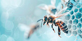 Breeding bees as an endangered species in the future, bee against the background of artificial white plastic honeycombs, light background, free space for text