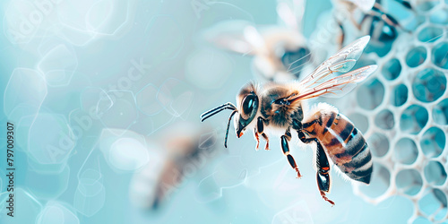 Breeding bees as an endangered species in the future, bee against the background of artificial white plastic honeycombs, light background, free space for text photo