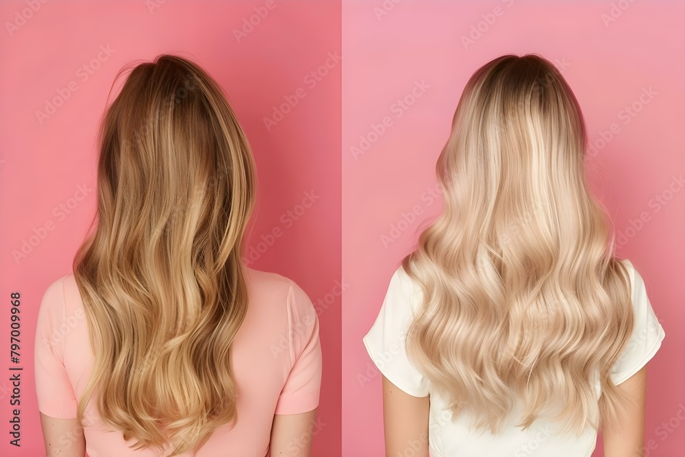 Transformation photos of a blonde woman's hairstyle from back view. Concept Blonde Hair Transformation, Back View Portraits, Hairstyle Changes, Before & After Shots Transformation photos of a blonde woman's hairstyle from back view. Concept Blonde Hair Transformation, Back View Portraits, Hairstyle Changes, Before & After Shots