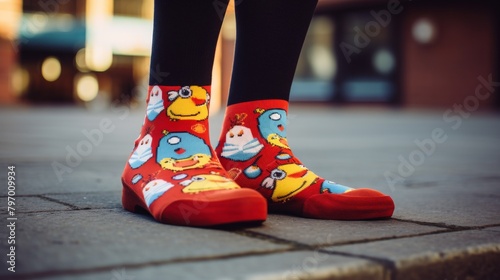 Vibrant mismatched socks with playful patterns against a fiery backdrop