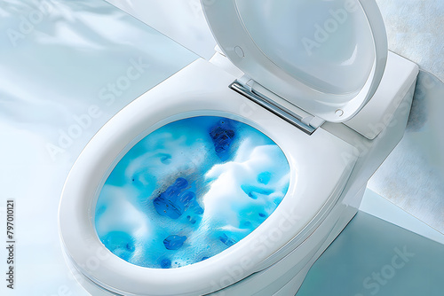 Toilettes, wc avec eau bleue © Concept Photo Studio