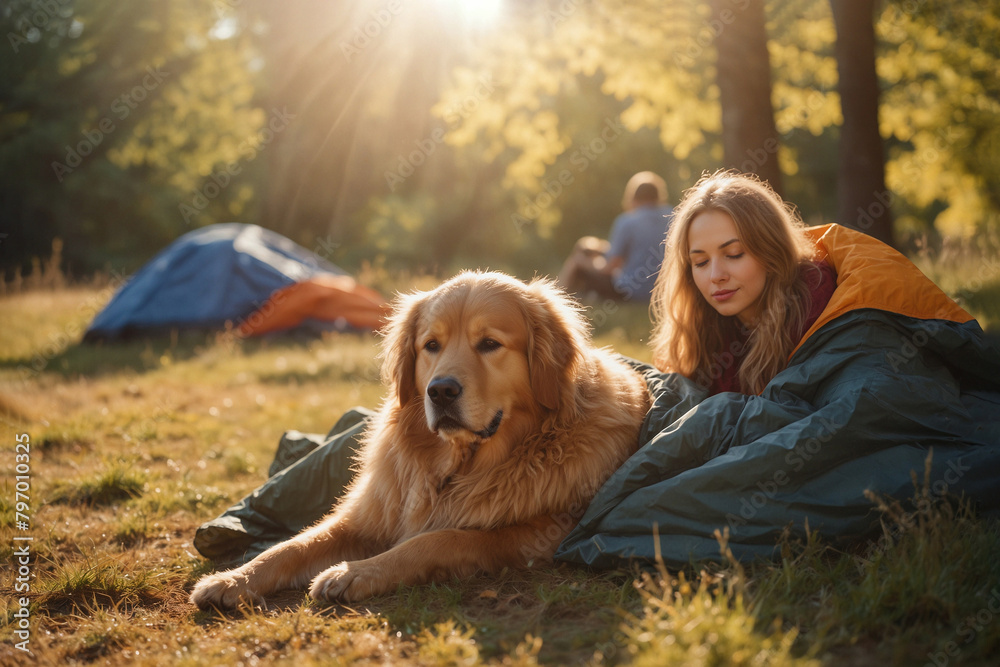 A tourist, a beautiful girl, smiling, lying in a sleeping bag in a tent A tourist, a beautiful girl, smiling, lying in a sleeping bag in a tent