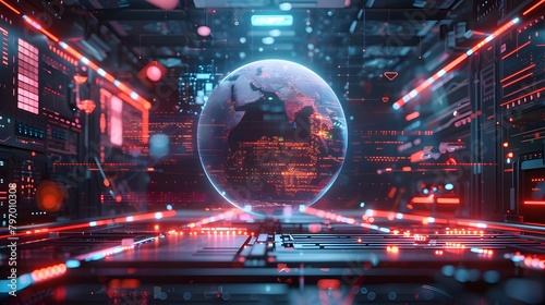 A futuristic tech digital background with holographic screens showing code and data, centered around a rotating globe with real-time global data feeds.  © Koko Art Studio