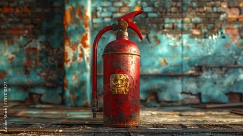 Vintage red fire extinguisher standing on rustic wooden floor against a blue textured wall