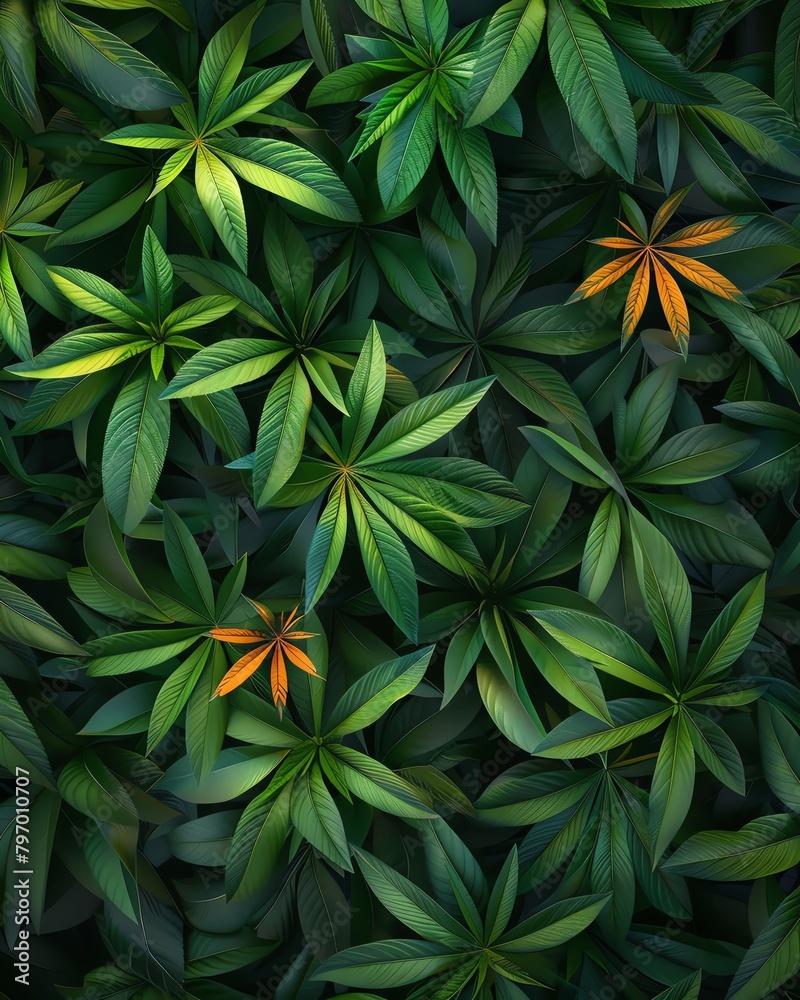 top view of a dense bed of green leaves with some yellow and orange accents, photorealistic, cinematic high quality top view of a dense bed of green leaves with some yellow and orange accents, photorealistic, cinematic high quality