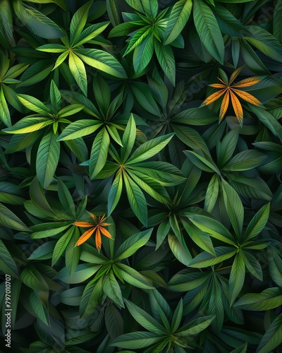 top view of a dense bed of green leaves with some yellow and orange accents, photorealistic, cinematic high quality