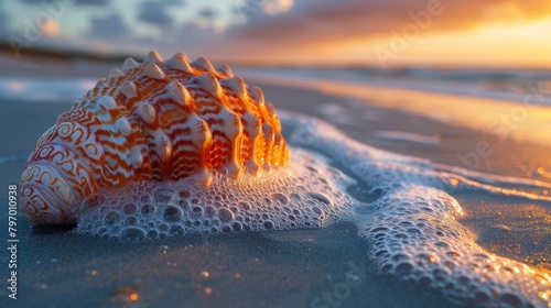 Glowing seashell on sandy beach at sunset with intricate patterns and shining light