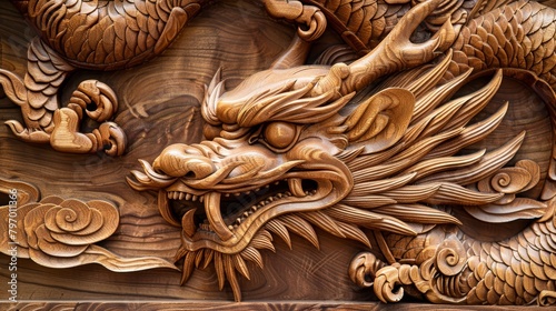 Majestic dragon carved on a luxurious vintage wooden door, close-up showcasing the fine artistry and rich textures photo