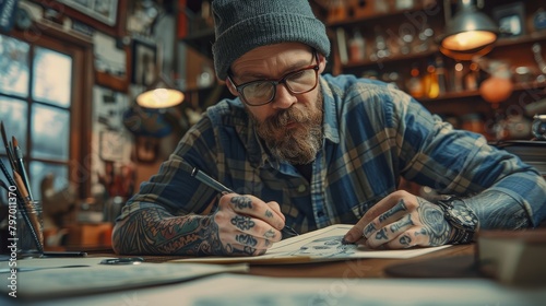 Tattoo artist in a retro setting  drawing classic designs on paper  surrounded by antiques and old-fashioned decor