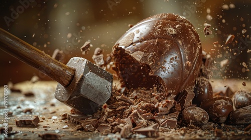 The instant of impact as a hammer breaks a large chocolate Easter egg, scattering pieces in a celebration of festive indulgence photo