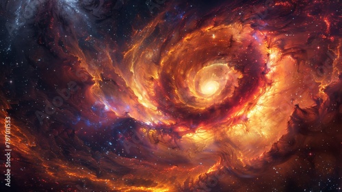 Stunning visual of a fiery spiral nebula filled with vibrant colors in deep space