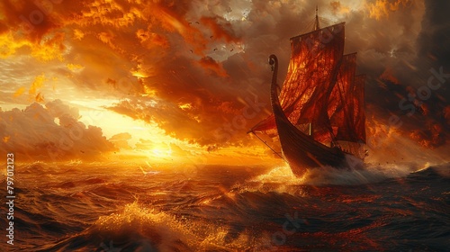 Fiery Viking ship sailing through stormy seas under dramatic clouds photo