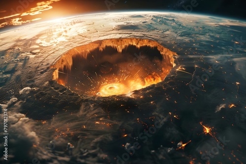 Apocalyptic Scenario: Meteor Impact Creates Massive Crater Leading to Global Catastrophe. Concept Survival Strategies, Impact Effects, Global Fallout, Post-Apocalyptic World, Disaster Response