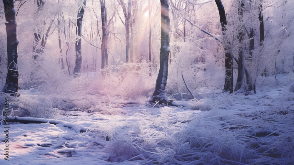 Enchanting winter wonderland after a fresh snowfall, ethereal light filtering through icy forest trees