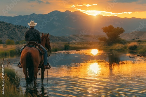 A cowboy rides his horse through a shallow river, with the sunset casting a golden glow and reflecting on the water, epitomizing the spirit of the American West