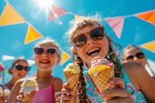 Joyful children enjoy colorful ice cream cones under a sunny sky, capturing the essence of summer fun and sweetness