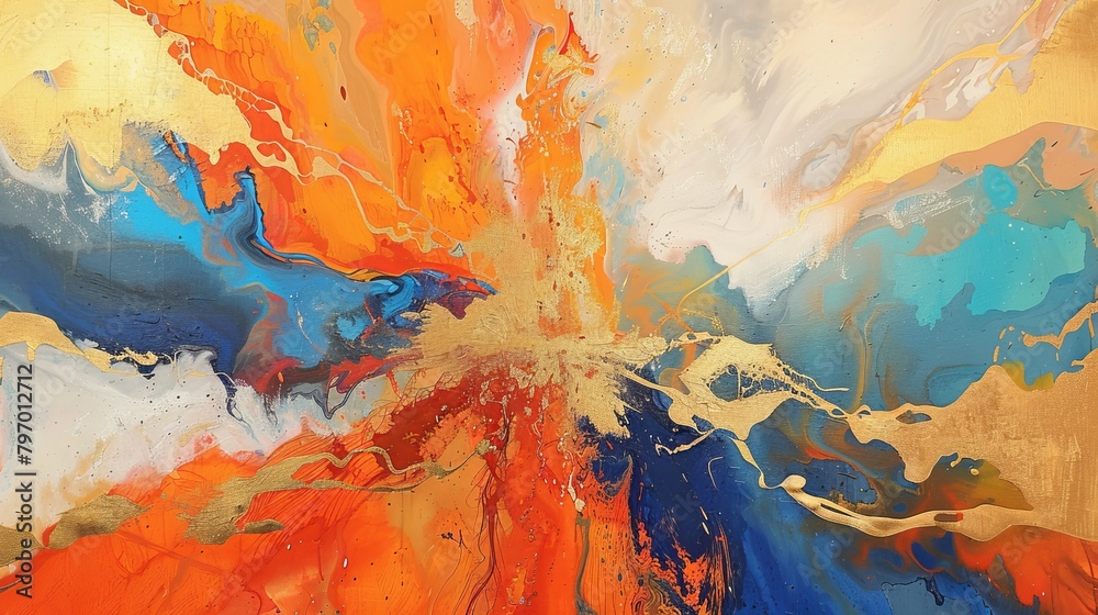 This painting contains orange, gold, blue, and large